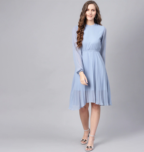 Blue Accordian Pleat Fit & Flare Dress